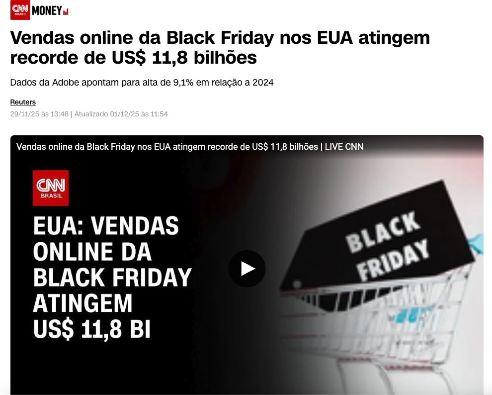 Reportagem da CNN Brasil sobre o recorde de vendas online da Black Friday nos EUA